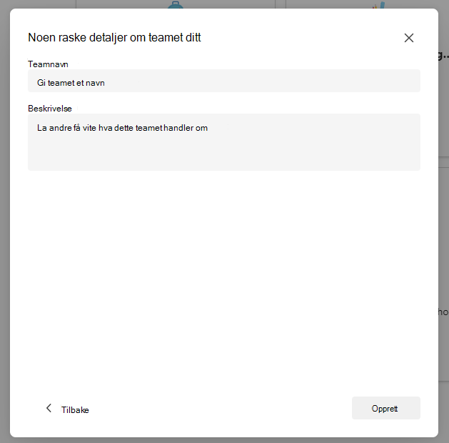 Skjermbilde av konfigurasjon av teamet.