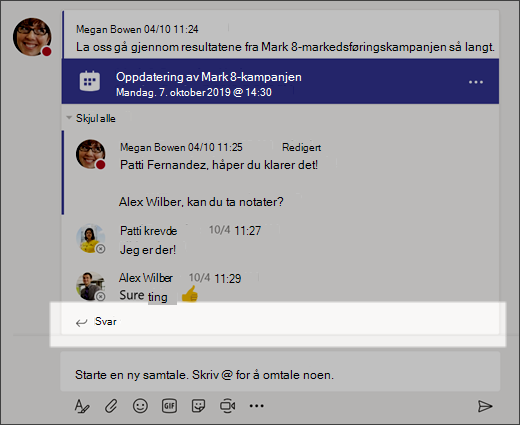 Skjermbilde som viser Svar på en samtale.