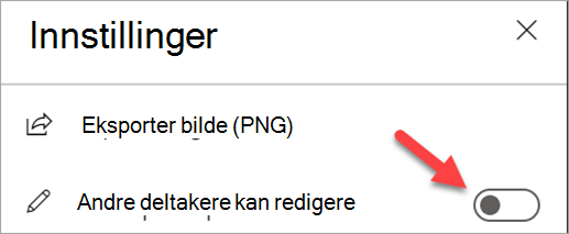Skjermbilde som viser Innstillinger-panelet med veksleknappen «Andre deltakere kan redigere» deaktivert.