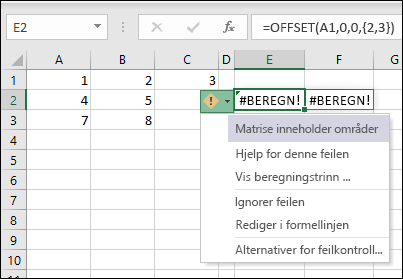 #CALC! -feil – matrise inneholder områder