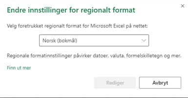 Dialogboksen Endre regionale formatinnstillinger