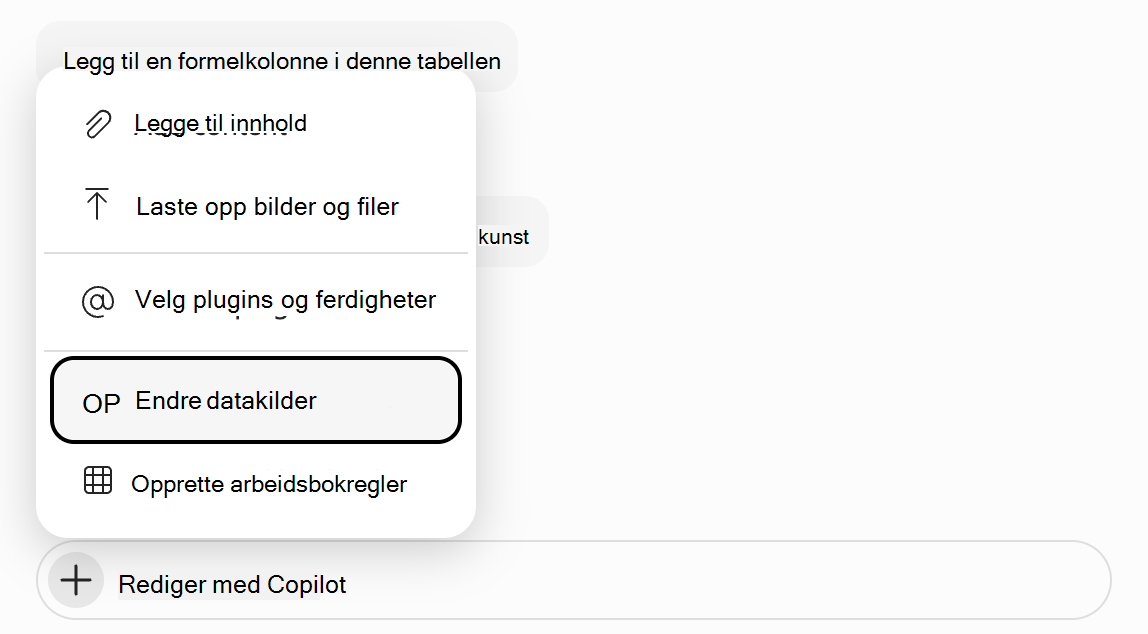 Skjermbilde av ledetekstfeltet Copilot i Excel med Endre datakilder uthevet.
