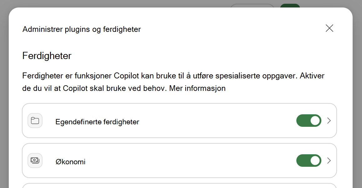 Skjermbilde av Copilot i Excel Dialogboksen Administrer programtillegg & ferdigheter.