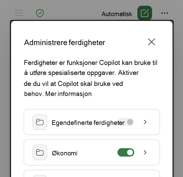 Skjermbilde av dialogboksen Administrere ferdigheter i Copilot i Excel.