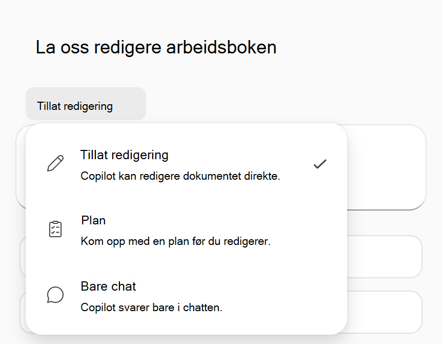Skjermbilde av alternativmenyen for Copilot i Excel-modus.