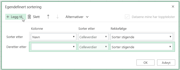 Når du har klikket på Legg til, vises et nytt sorteringsnivå i listen ved Deretter etter