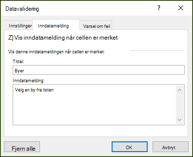 Alternativet Inndatamelding for datavalidering