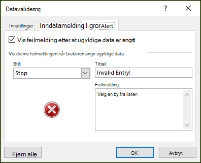 Feilmeldingsalternativer for rullegardinliste for datavalidering