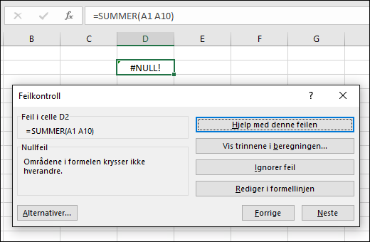 Flytt Feilkontroll-boksen til under Formellinjen
