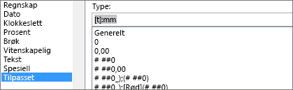Dialogboksen formater celler, egendefinert kommando, [h]:mm-type