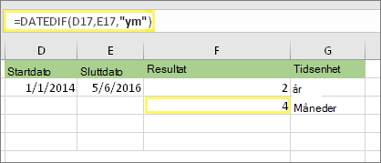 =DATODIFF(D17,E17,ym) og resultat: 4 Bruk DATODIFF-formelen