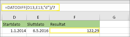 =(DATODIFF(D13,E13,d)/7) og resultat: 122,29