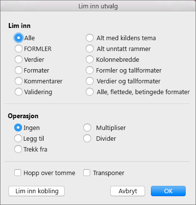 Dialogboksen Lim inn utvalg