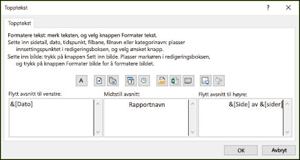 Dialogboksen Egendefinert topptekst under Utskriftsformat