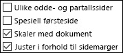 Alternativer for topptekst og bunntekst i dialogboksen Utskriftsformat