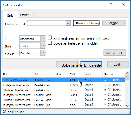 Dialogboksen Søk og erstatt