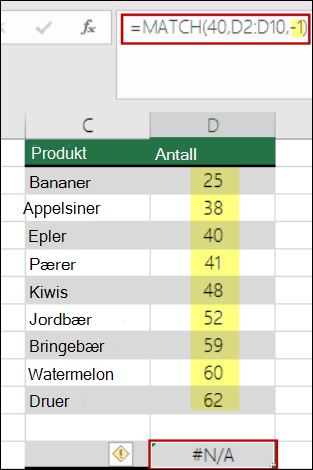 Excel-funksjonen SAMMENLIGNE
