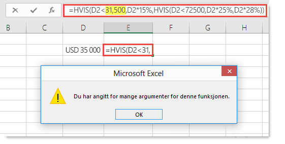 Excel-melding når du legger til komma til en verdi.