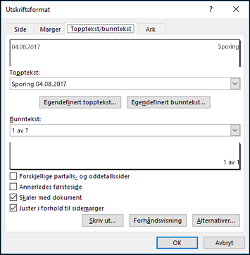Utskriftsformat > Topptekst- og bunntekstalternativer