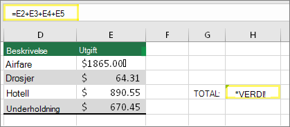 H4 med = E2+E3+E4+E5 og resultatet av #VALUE!