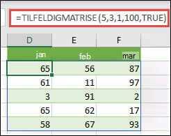 TILFELDIGMATRISE-funksjonen med min., maks. & heltallsargumenter