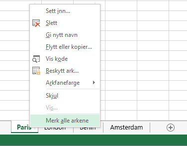 På hurtigmenyen er Merk alle arkene valgt.
