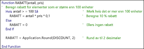 Eksempel på VBA-funksjon med kommentarer