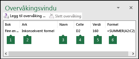 Overvåkingsvinduet gjør det enkelt å overvåke formler som brukes i et regneark