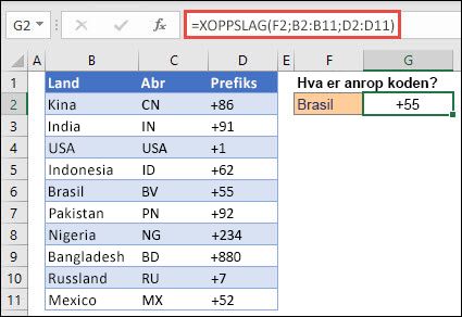 Eksempel på XLOOKUP-funksjonen som brukes til å returnere et ansattnavn og en avdeling basert på ansatt-ID. Formelen er =XLOOKUP(B2,B5:B14,C5:C14)