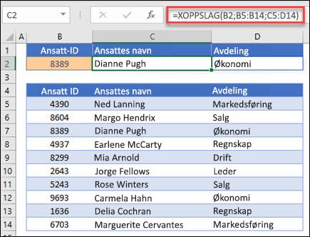 Eksempel på XLOOKUP-funksjonen som brukes til å returnere et ansattnavn og en avdeling basert på ansatt-IDT. Formelen er: =XLOOKUP(B2,B5:B14,C5:D14,0,1)