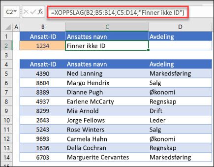 Eksempel på XOPPSLAG-funksjonen som brukes til å returnere et ansattnavn og en avdeling basert på ansatt-ID med argumentet if_not_found. Formelen er =XLOOKUP(B2,B5:B14,C5:D14,0,1,Ansatt ikke funnet)