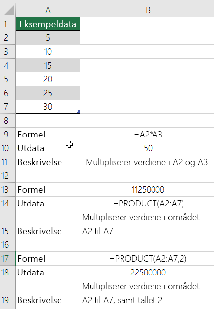 Multiplisere tall ved hjelp av PRODUKT-funksjonen