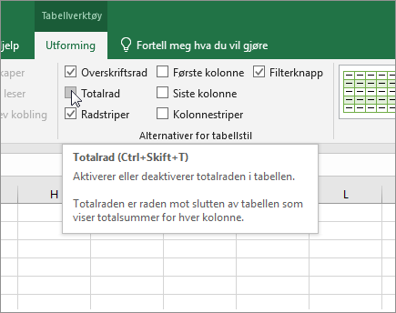 Totalrad-alternativet i Utforming-fanen