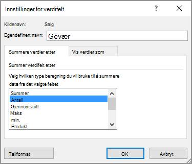 Verdifeltinnstillinger-dialogboksen