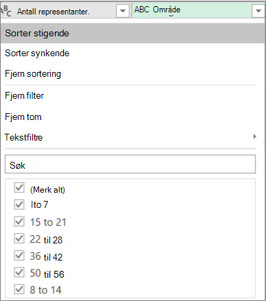 Bruke Autofilter til å se områdene som er opprettet