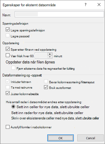 Eksempel på dialogboksen Egenskaper for eksternt dataområde