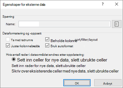 Eksempel på dialogboksen Egenskaper for eksternt område