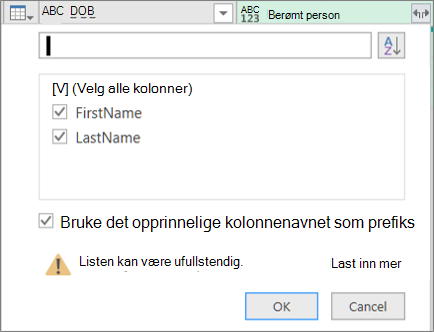Klikke på Utvid for en strukturert postkolonne