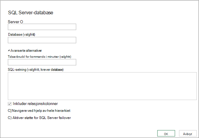 Dialogboksen SQL Server database