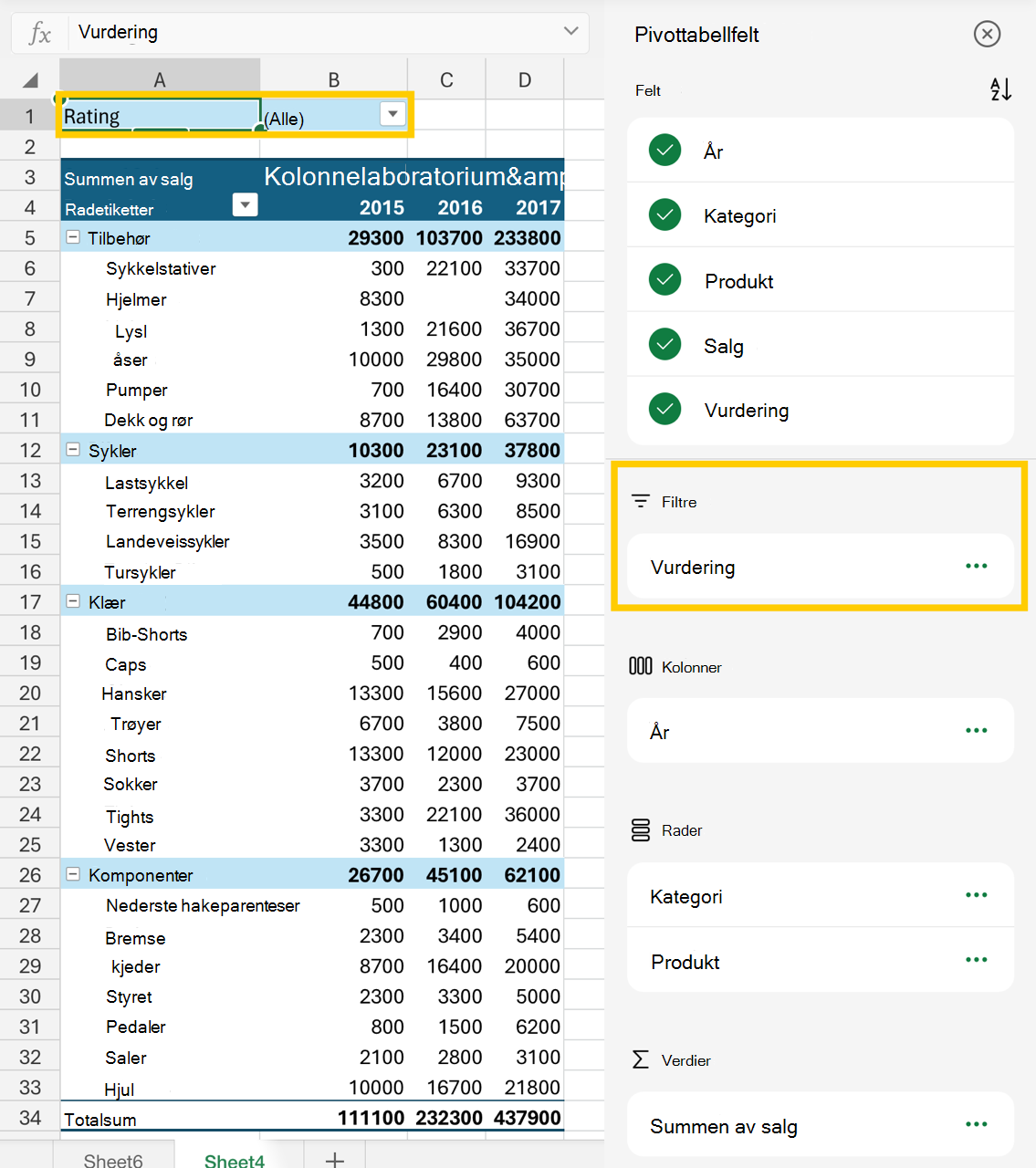 Bilde av filterområdet i feltlisten og pivottabellen.