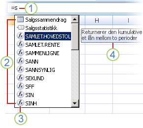 Skjermbilde som viser Autofullfør formel.