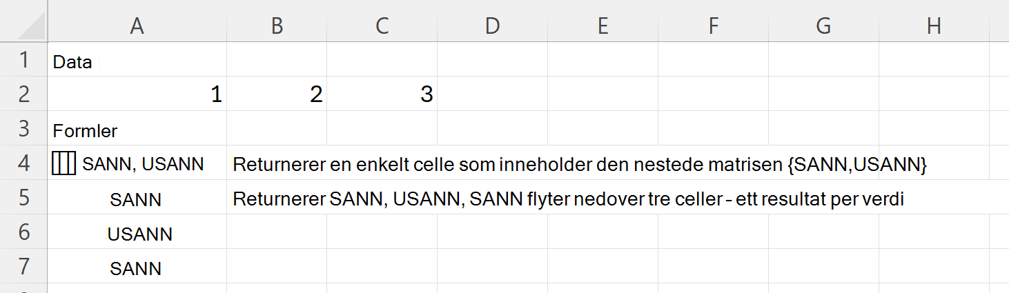 HAR returnerer SANN og USANN i én enkelt nestet matrisecelle, og SANN, USANN, SANN ned tre celler