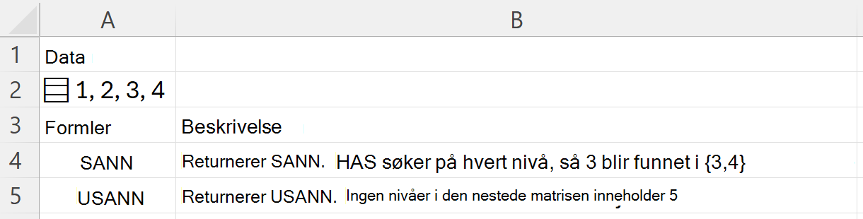 HAS finner 3 i en nestet matrise og returnerer SANN. søker etter 5 returnerer USANN