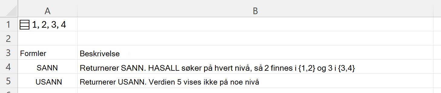 Bruke HASALL til å søke i en nestet matrise som er lagret i én enkelt celle