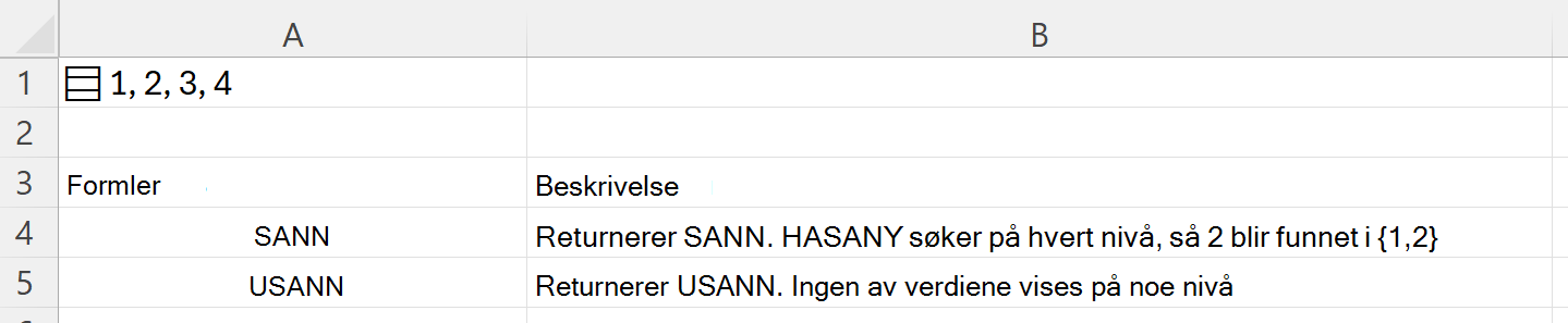 Bruke HASANY til å søke i en nestet matrise som er lagret i én enkelt celle