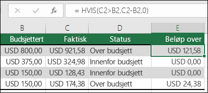 Formelen i celle E2 er =HVIS(C2>B2,C2-B2,)