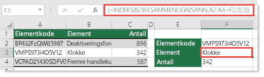 Bruk INDEKS og SAMMENLIGNE til å se på verdier som har mer enn 255 tegn