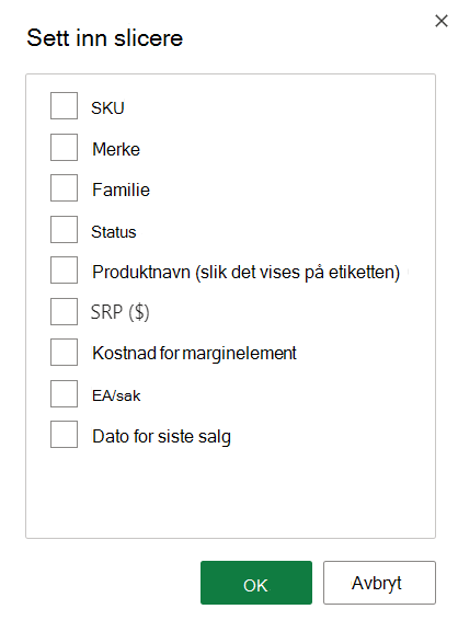 Skjermbilde av alternativer for Sett inn slicer.