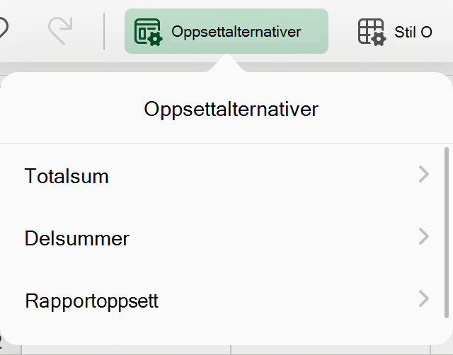 Rullegardinmeny for oppsett for pivottabell på iPad.
