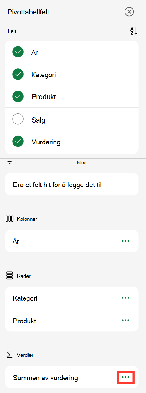 Verdier i pivottabellfelt ellipse på iPad